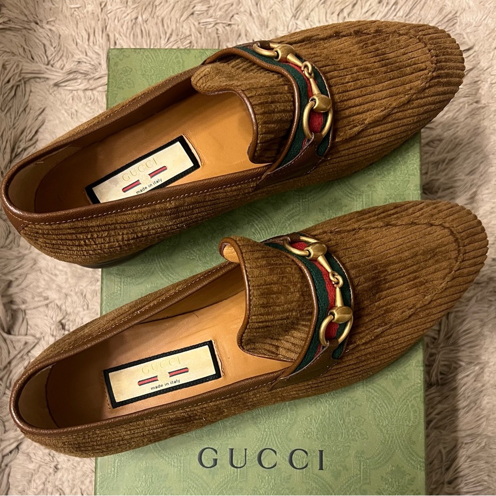 Gucci mens corduroy horsebit slip-on loafers IT 🇮🇹 (8.5)